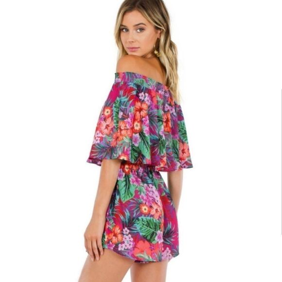 Show Me Your Mumu Rosarita Off The Shoulder Romper Pink Tropical - Picture 12 of 12